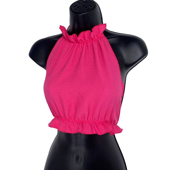 New Small Pretty in Pink core Ruffle Trim Halter Backless Crop Top Linen - Picture 1 of 3